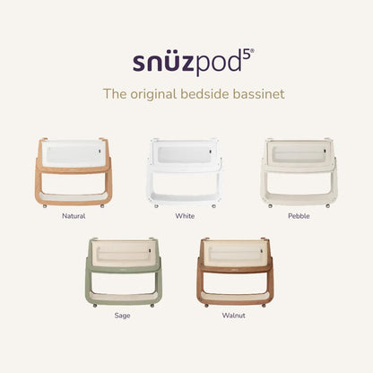 SnuzPod 5 Bedside Bassinet for Baby - Newborn Bed with Zip Down Breathable Windows, Rocking Bedside Sleeper with Lift-Off Bassinet, Portable 3-in-1 Baby Cradle with Wheels & Mattress, Natural