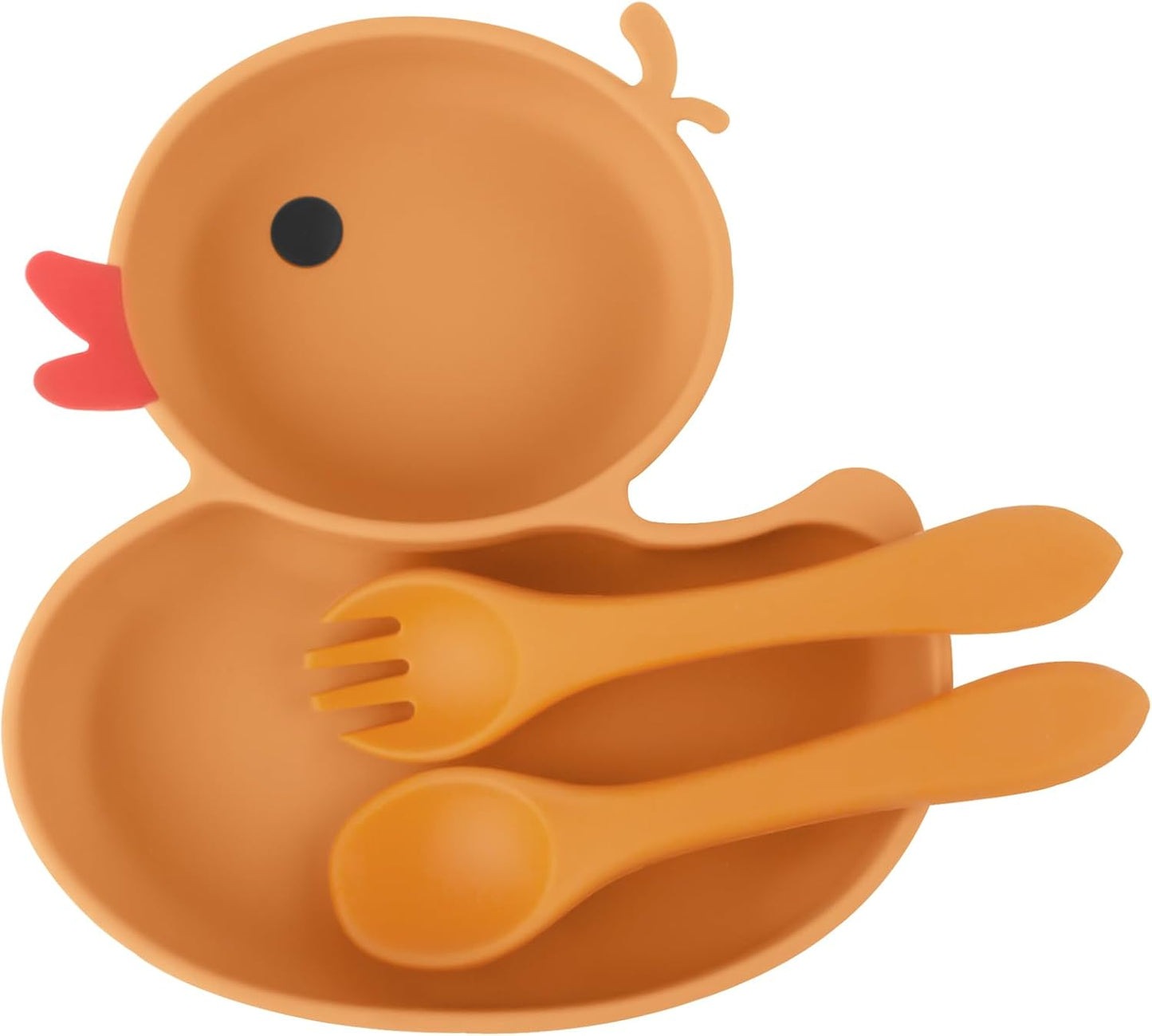 Qshare Powerful Suction Plates for Baby and Toddler,Baby Divided Plate,Thanksgiving Plates with Fork and Spoon,Duck Baby Plate Non-Slip,BPA Free,Microwave & Dishwasher Safe (Orange)