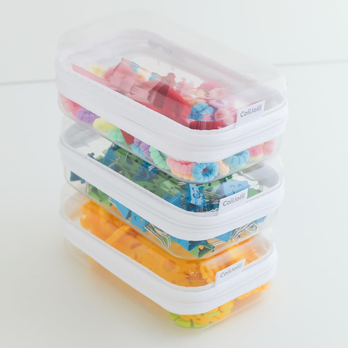CoiiJoii 3PCS Large Clear Hard Shell Zippered Case, Diaper Bag Organizing Pouches, Waterproof Cosmetic Bag, Kid's Toy Storage Organizer Bins, Pencil Case.