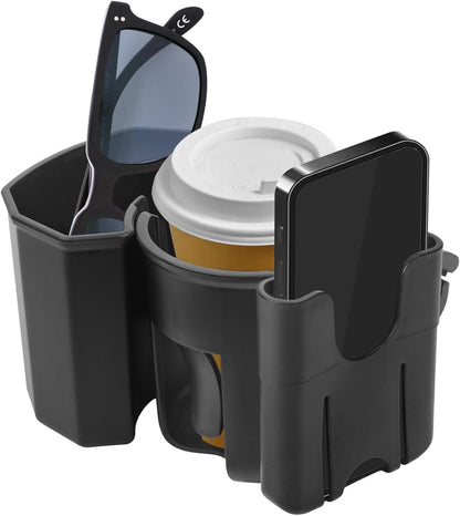 Universal Stroller Cup Holder with Phone Holder, 360° Rotatable Strong Clip, Big Storage Space for Walker, Wheelchair, Stroller, Bike