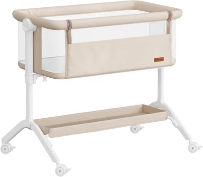 Bassinet Bedside Sleeper - All-Mesh Design, Portable Bedside Bassinet for Baby with Washable Mattress, 5 Adjustable Heights（Beige）