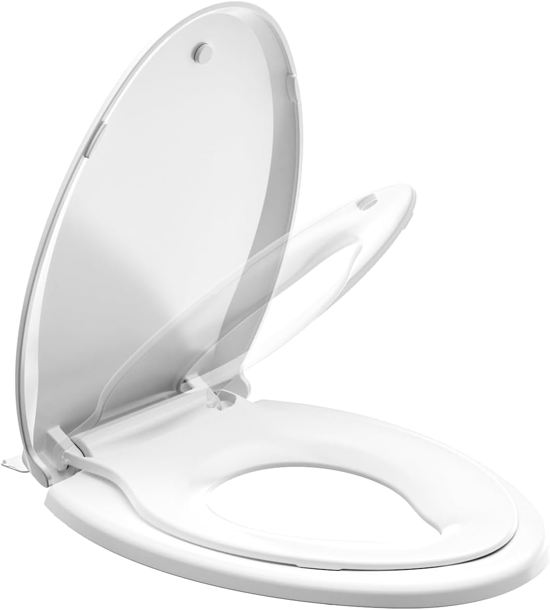 JINGZE Round Toddler Toilet Seat Adult/Child,Built-In Potty Training Seat, Soft Quiet Close Non-Slip Seat, Easy to Install & Clean,Magnetic Kids Seat and Cover,White