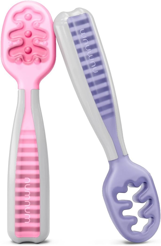 NumNum Baby Spoons Set, Baby Essentials Pre-Spoon GOOtensils for 6+ Months, First Stage Self-Feeding Spoons for Baby Led Weaning (BLW), Silicone Toddler Utensils, BPA-Free, 2 Pack Gray/Green