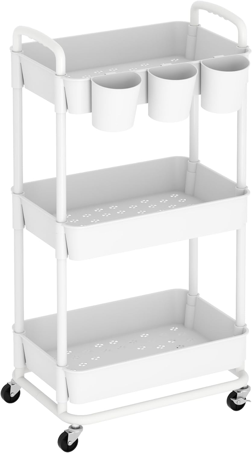3-Tier Baby Diaper Caddy Organizer Cart with Locking Wheels & Hanging Cups - Rolling Storage Cart for Nursery, Changing Table, Baby Essentials,White