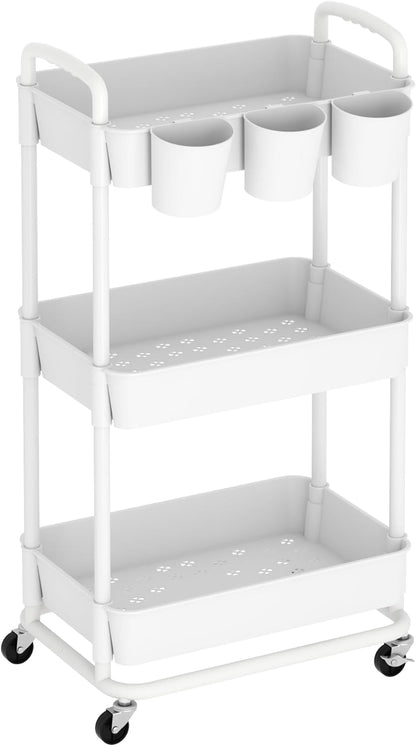 3-Tier Baby Diaper Caddy Organizer Cart with Locking Wheels & Hanging Cups - Rolling Storage Cart for Nursery, Changing Table, Baby Essentials,White
