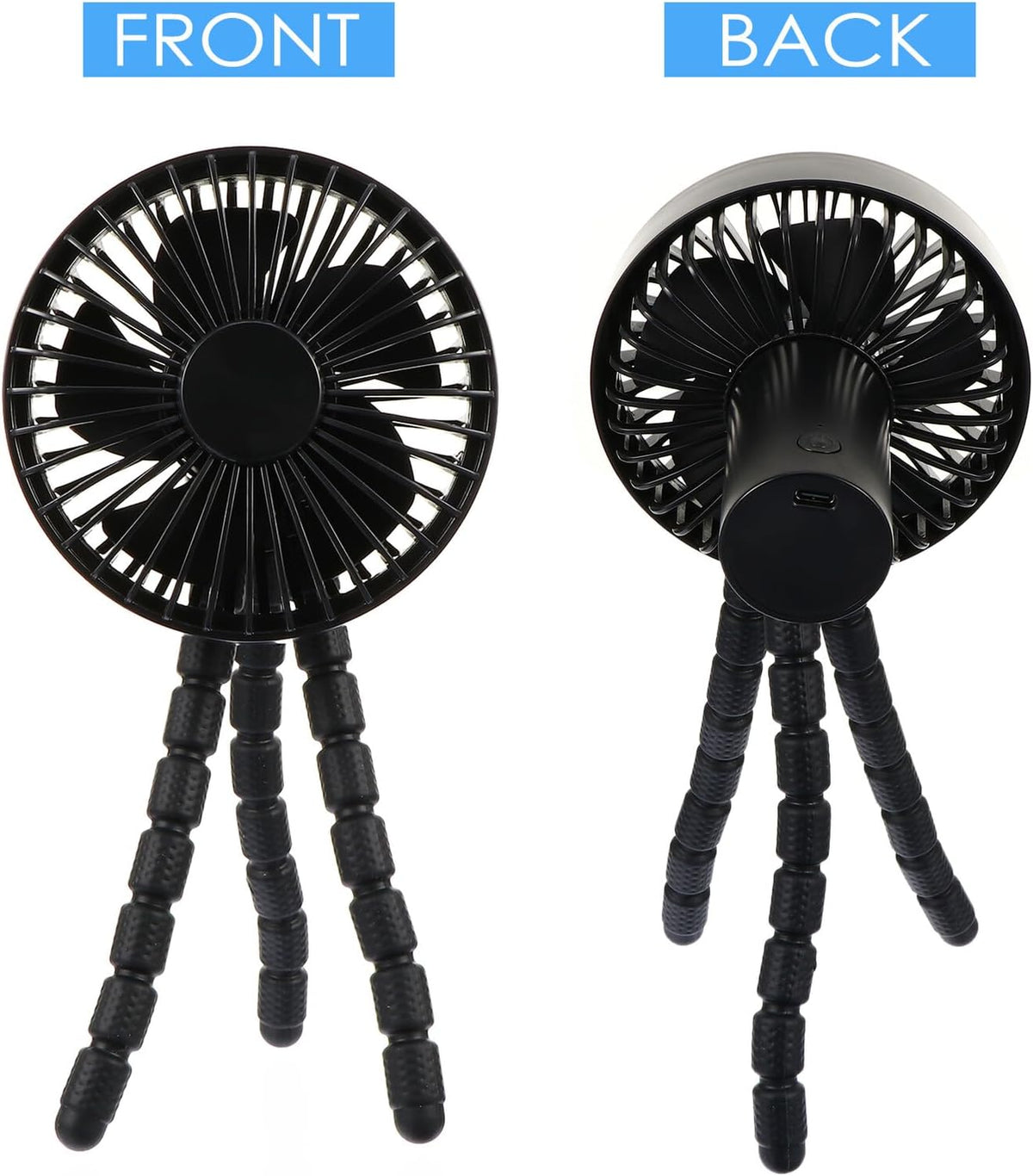 Portable Stroller Fan with Flexible Tripod Mount, Rechargeable Mini Mute Fan for Outdoor Cooling, Black Compact Air Cooler for Strollers and Travel