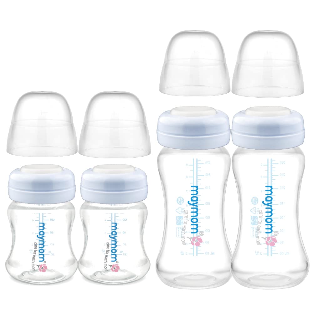 Maymom Wide-Mouth Milk Storage Feeding Collection Bottle with Nipple, Dome Cap, Bottle Top, SureSeal Sealing Disk; Compatible with Spectra Pump/Motif Luna; 5 pc (4.7Oz/140mL)