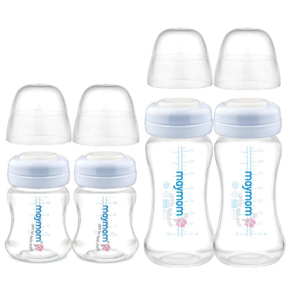 Maymom Wide-Mouth Milk Storage Feeding Collection Bottle with Nipple, Dome Cap, Bottle Top, SureSeal Sealing Disk; Compatible with Spectra Pump/Motif Luna; 5 pc (4.7Oz/140mL)