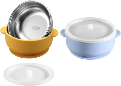 2 Pack Stainless Steel Baby Bowls with Removable Non-Slip Silicone Suction Shell and Lids, Anti Scald Food Container for Baby Food Feeding-Gray & Cream