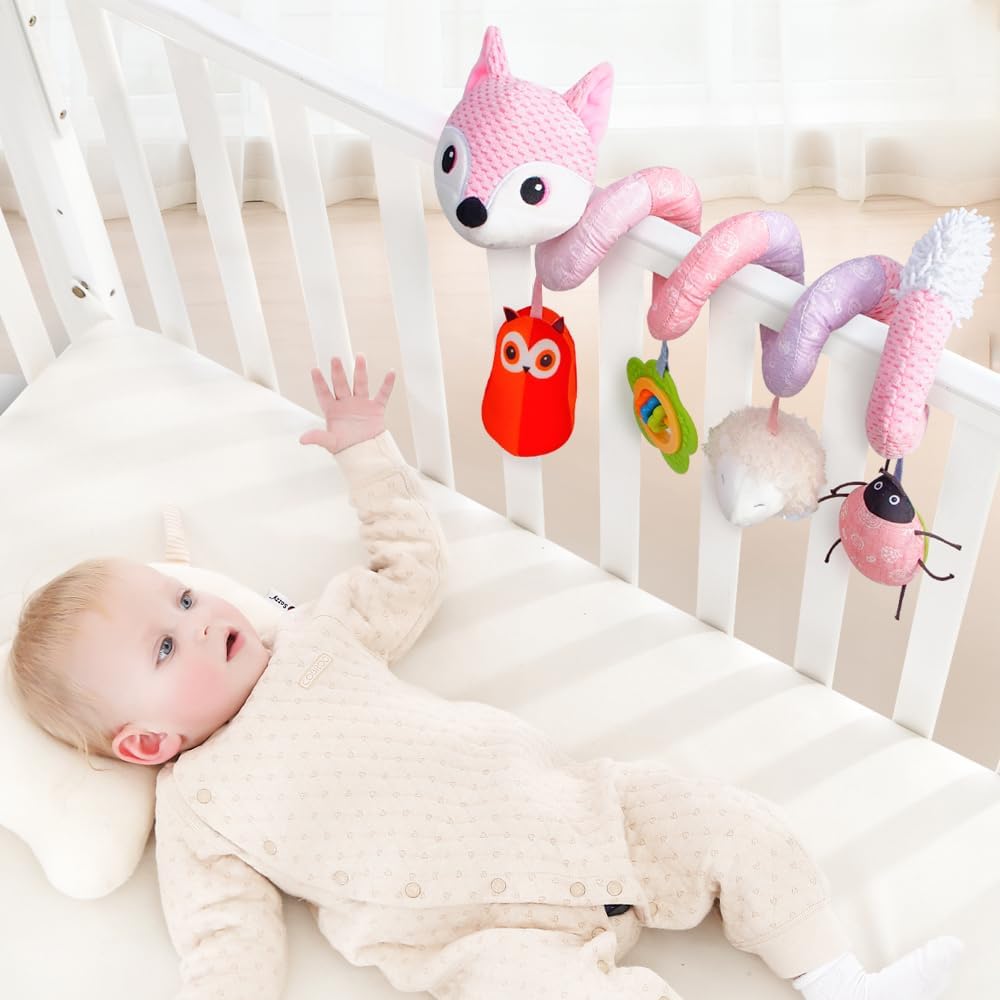 Koty Car Seat Toys, Infant Baby Spiral Plush Activity Hanging Toy for Stroller Bar Pram Crib with Music Box BB Squeaker & Rattles(Black Fox)