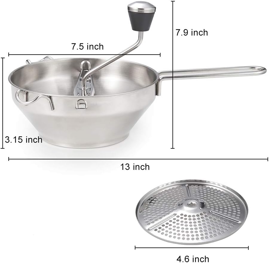 Rotary Food Mill Potato Ricer with 3 Interchangeable Disks, Great for Making Puree or Soups of Vegetables, Baby Foods, Stainless Steel 2 Quart Kitchen Mills, Easy Clean and Assemble, Manual Operati