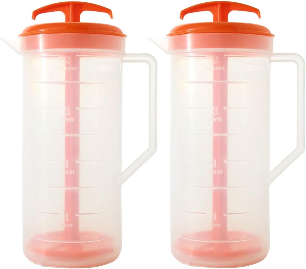JBK Pottery 2-Quart White Mixing Pitcher with Plunger – BPA-Free Plastic Mixing Jug for Juice, Milk, Tea, Shakes, and More – Dishwasher-Safe, Spill-Proof Lid, Smart Stirring Design