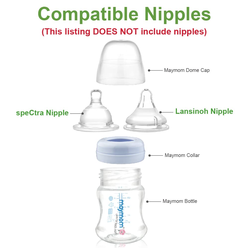 Maymom Wide-Mouth Milk Storage Feeding Collection Bottle with Nipple, Dome Cap, Bottle Top, SureSeal Sealing Disk; Compatible with Spectra Pump/Motif Luna; 5 pc (4.7Oz/140mL)