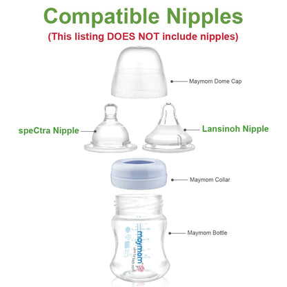 Maymom Wide-Mouth Milk Storage Feeding Collection Bottle with Nipple, Dome Cap, Bottle Top, SureSeal Sealing Disk; Compatible with Spectra Pump/Motif Luna; 5 pc (4.7Oz/140mL)