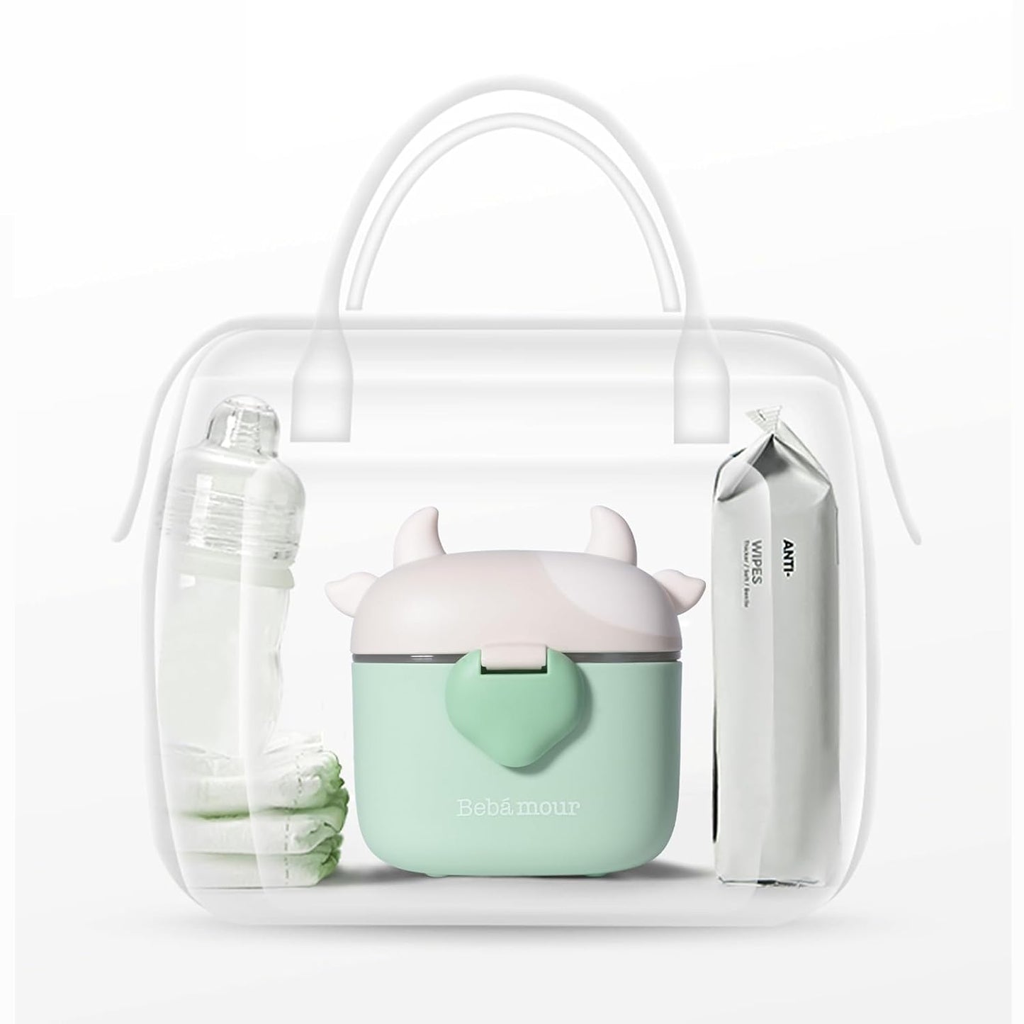 Bebamour Baby Formula Dispenser, BPA Free Portable Milk Powder and Candy Fruit Snack Storage Container with Scoop and Leveller for Travel, 450 ML, Green Cow