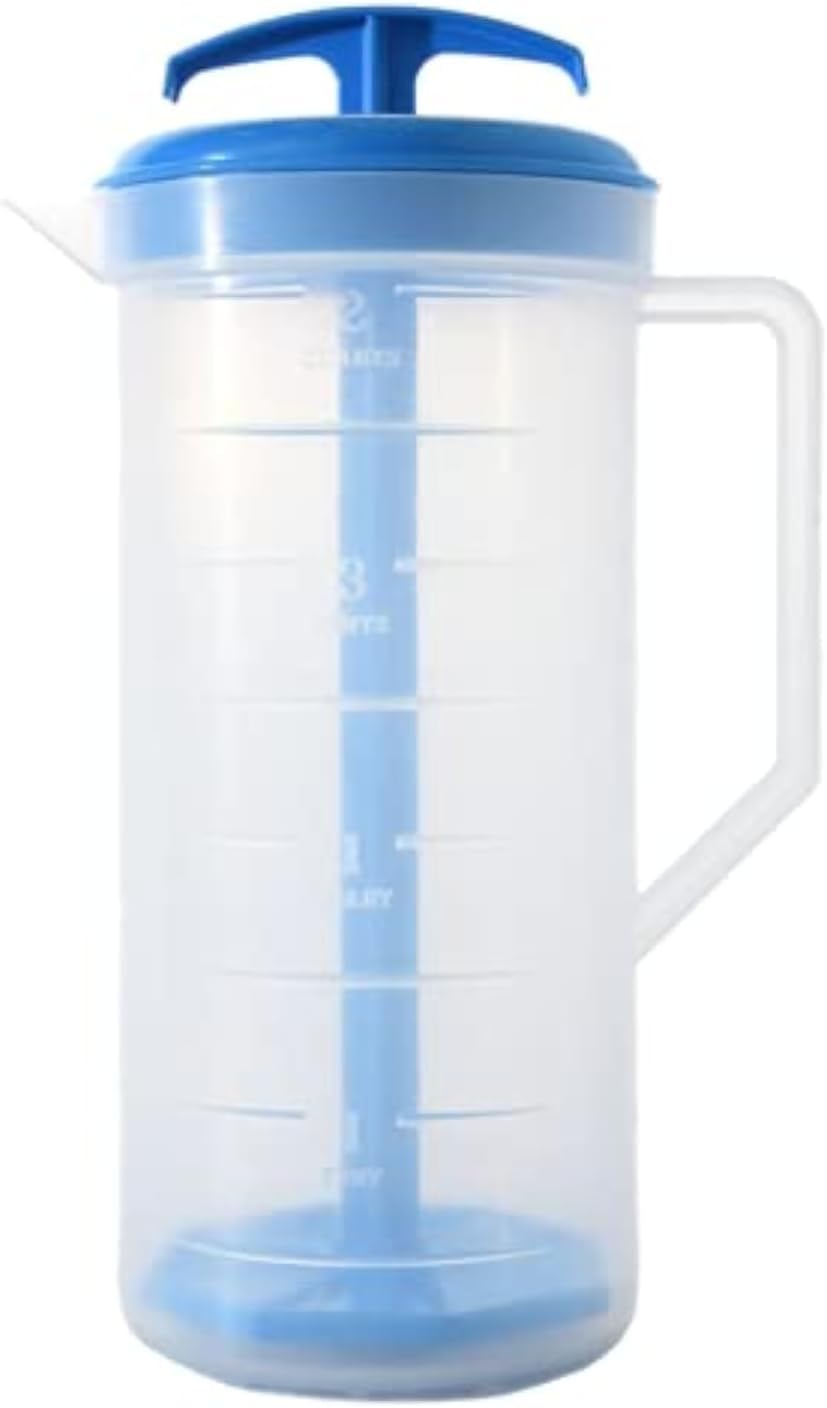 JBK Pottery 2-Quart White Mixing Pitcher with Plunger – BPA-Free Plastic Mixing Jug for Juice, Milk, Tea, Shakes, and More – Dishwasher-Safe, Spill-Proof Lid, Smart Stirring Design