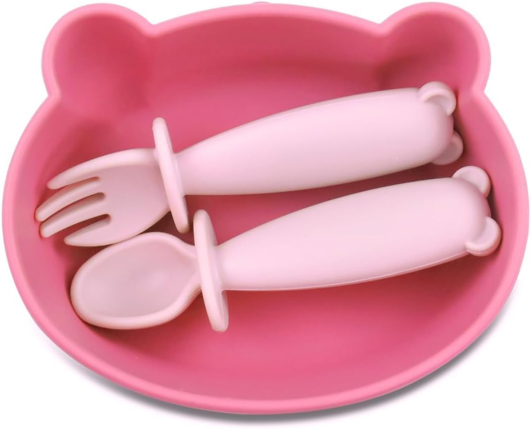 Silicone Bear Shaped Baby Bowl with Suction, Spoon & Fork for Babies 6+ Months, Infant Feeding BLW Baby Essentials Must Haves, BPA Free, Dishwasher Safe (Very Bear)