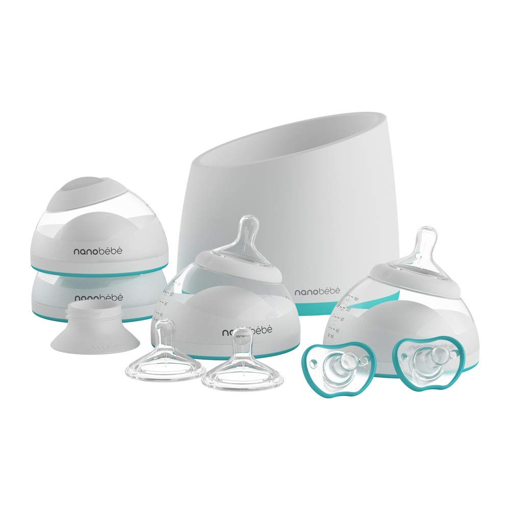 Nanobebe Breastmilk Baby Bottle Anti-Colic Starter Set with Silicone Pacifiers, Breast Pump Adapter, and Slow Flow Nipples - 5 oz - Teal/Grey