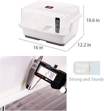 Tomorotec Medium Size Dish Drying Rack and Drain Board with Lid Cover, 16" x 12.2" x 10.6" Nursing Bottle Holder, Kitchen Plate Cup Tray Cutlery Drainer