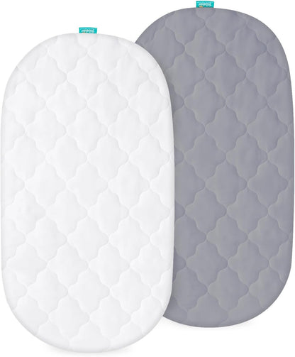 Bassinet Mattress Pad Cover Waterproof, Quilted Mattress Protector Sheets Fits All Mainstream Bassinet - Rectangle, Oval, Hourglass, 2 Pack, 17'' x 33'', Ultra Soft Breathable, White and Grey