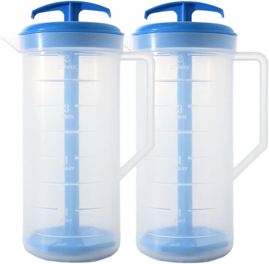 JBK Pottery 2-Quart White Mixing Pitcher with Plunger – BPA-Free Plastic Mixing Jug for Juice, Milk, Tea, Shakes, and More – Dishwasher-Safe, Spill-Proof Lid, Smart Stirring Design