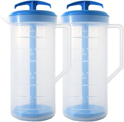 JBK Pottery 2-Quart White Mixing Pitcher with Plunger – BPA-Free Plastic Mixing Jug for Juice, Milk, Tea, Shakes, and More – Dishwasher-Safe, Spill-Proof Lid, Smart Stirring Design