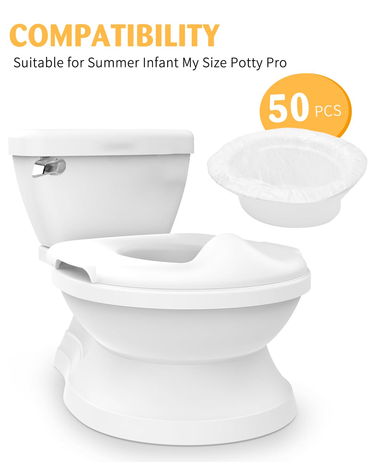 50 Pcs Potty Liners for Summer Infant My Size Potty Pro - Disposable Potty Bags with Elastic Fit, Leakproof & Easy Clean, Fits Most Potty Chairs, Travel Potties, Portable Toilets, 18×8 Inches