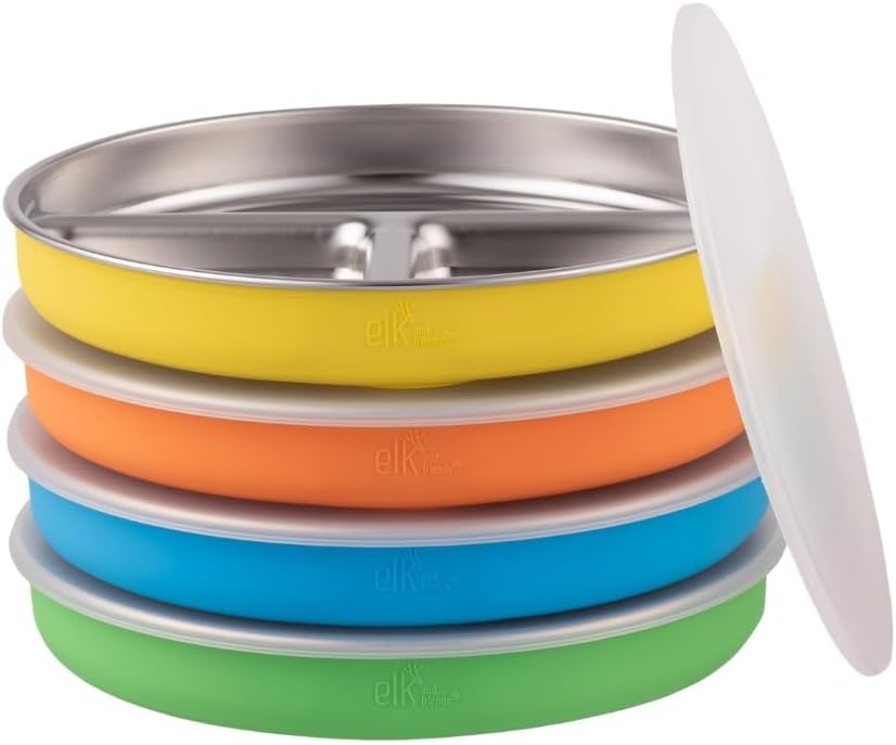 Elk and Friends Stainless Steel Divided Plates with Silicone Sleeve for Babies & Toddlers | Lids Included | Stay Put Suction | Dinner & Snack Plates | 4 Pack