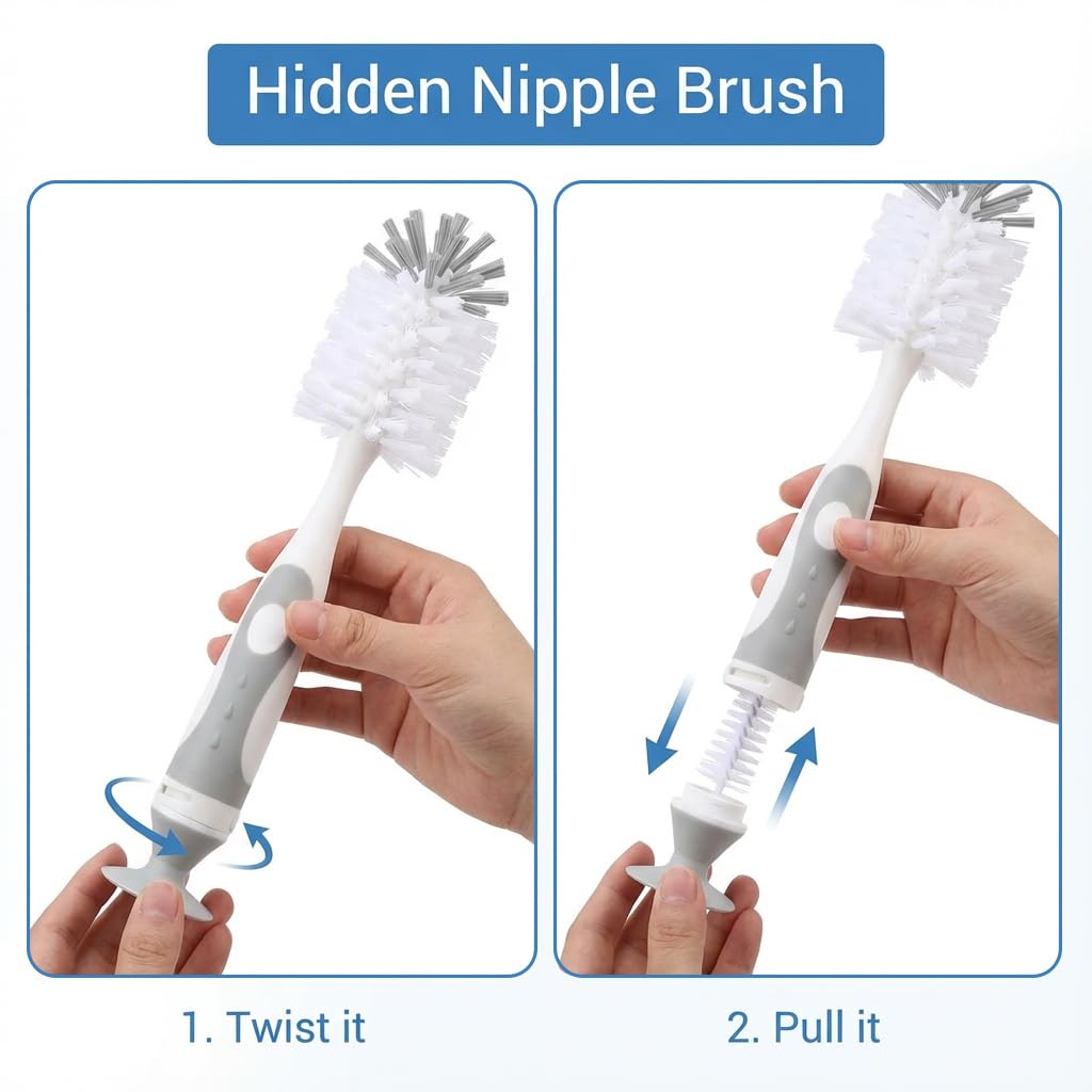 Ariseno 5-in-1 Baby Bottle Brush Set, Including Nylon and Silicone Bottle Brush, Bottle Cap, Straw and Nipple Cleaner, BPA-Free (Blue)