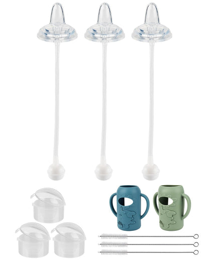 Sippy Straw Cup Conversion Kit with Silicone Sleeves for Dr. Brown's Narrow Glass Baby Bottle 4oz,Anti Breakage Baby Bottles Replacement Kit with Handle and Soft Sippy Spout,6m+,Set of 3