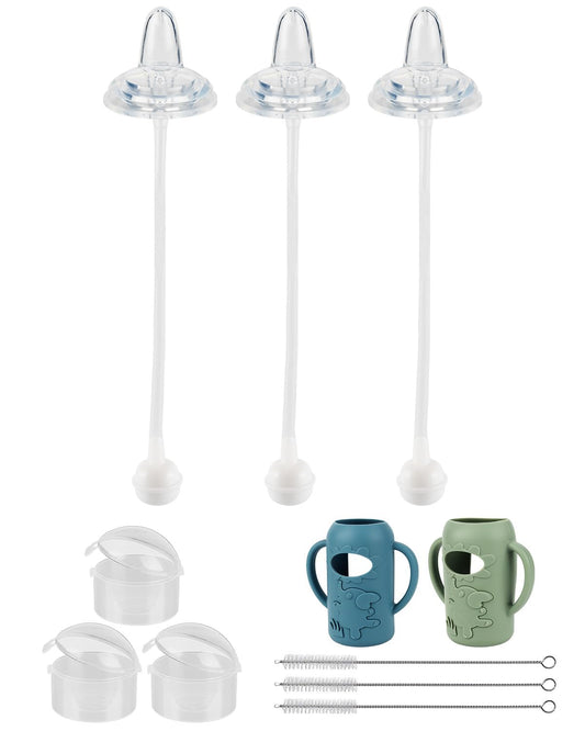 Sippy Straw Cup Conversion Kit with Silicone Sleeves for Dr. Brown's Narrow Glass Baby Bottle 4oz,Anti Breakage Baby Bottles Replacement Kit with Handle and Soft Sippy Spout,6m+,Set of 3