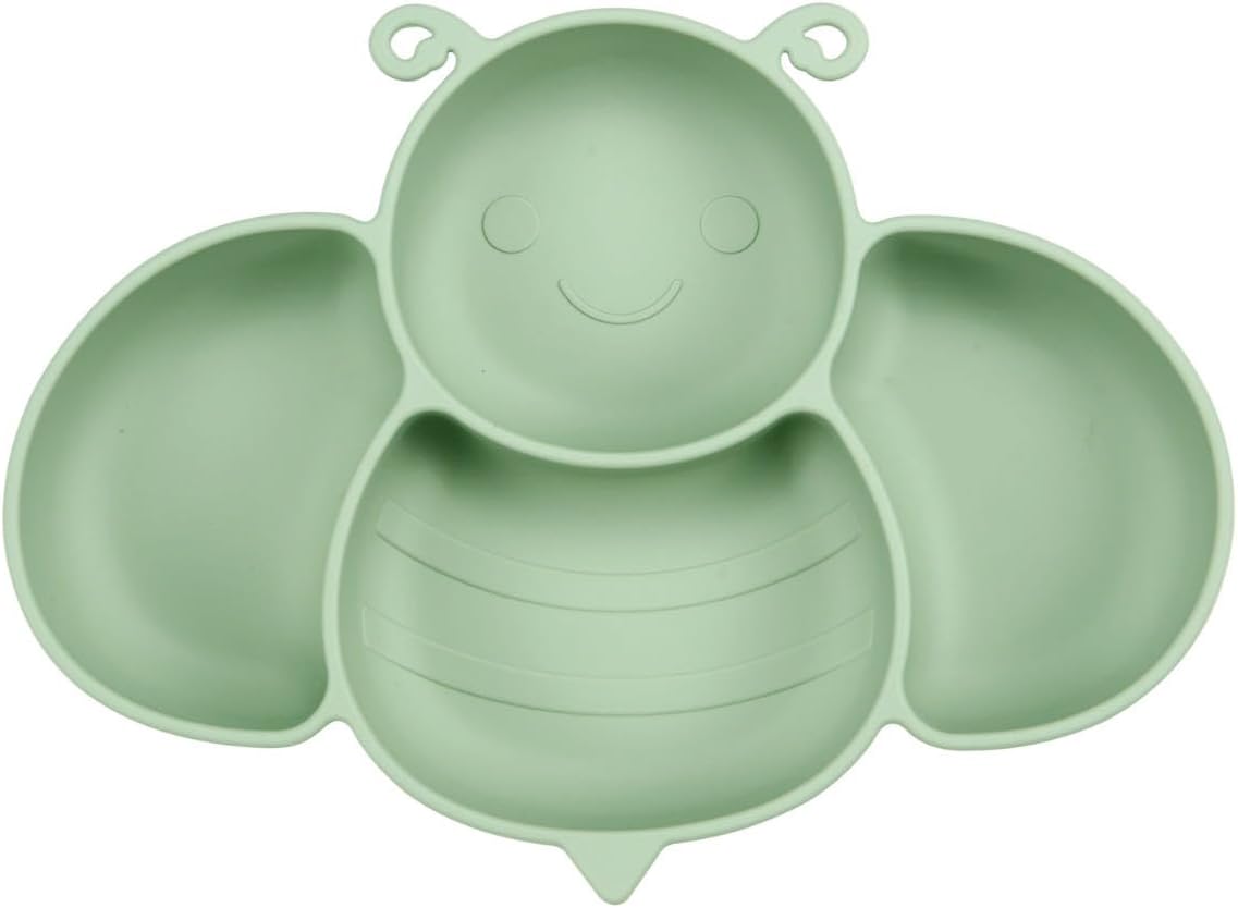 PandaEar 2 Pack Silicone Suction Plates for Baby, Divided Unbreakable Toddler Plate with 2 Pack Spoons for Self Feeding, Babies Utensils Feeding Set Baby Eating Supplies, Crab & Bee Shape -Blue&Green