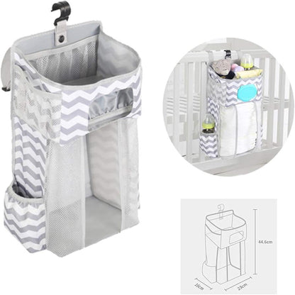 Hanging Diaper Caddy Organizer for Crib, Baby Diaper Holder with 3 Compartments, Water-Resistant Nursery Storage Bag for Changing Table, Playard, Wall, Ripple Grey