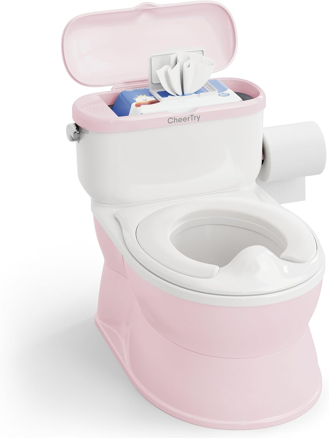 CheerTry 2-in-1 Toddler Potty Training Toilet - with Detachable Training Seat, Realistic Flushing Sound for Boys & Girls Ages 1-3 with Wipes Storage, Toilet Paper Holder