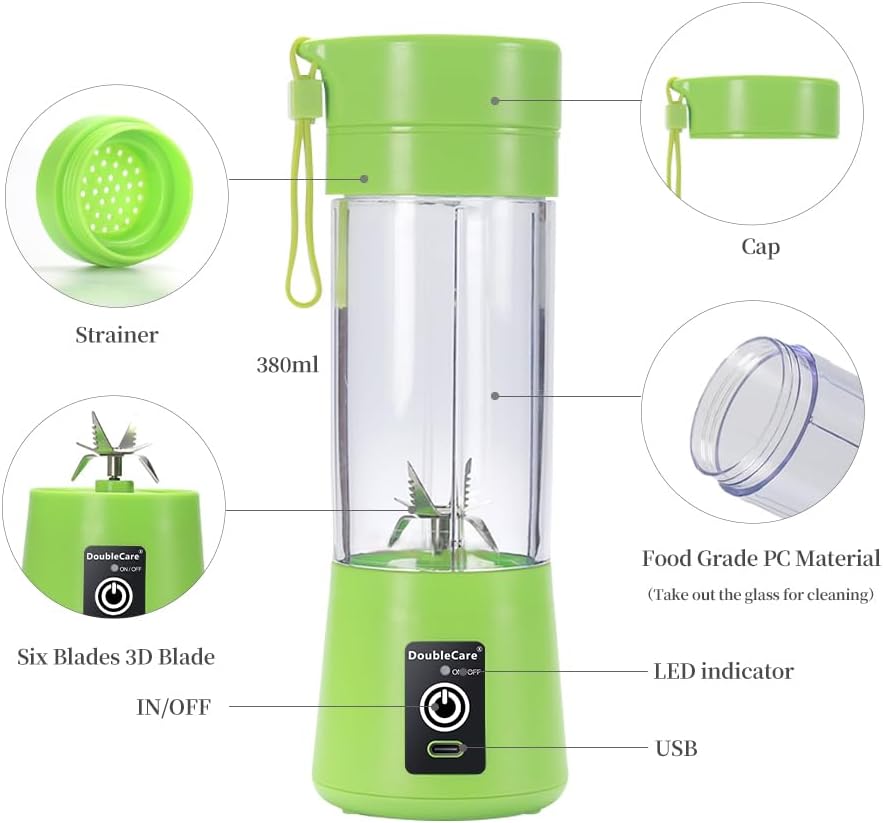 Portable Blender Cup,Electric USB Mini Juicer Blender For Shakes and Smoothies, Juice,380ml, Six Blades Great for Mixing,Black