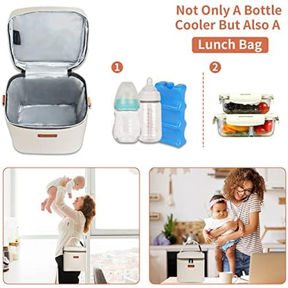 Mancro Breastmilk Cooler Bag with Ice Pack, Fits 6 Insulated Baby Bottles Up to 9 Ounce, Breast Milk Cooler for Nursing Mom (Cream)