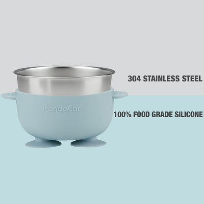 PandaEar 6-in-1 Stainless Steel Baby Feeding Set | Divided Suction Plate, Bowl, Sippy Cup with Straw, Bib, Spoon & Fork | BPA-Free Toddler Feeding Essentials for Self-Feeding (Blue)
