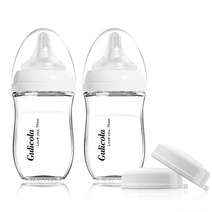 Gulicola Small Glass Baby Bottle for Newborn Breastfeeding Babies, Preemie & Extra Slow Flow Nipples (SS), Anti-Colic, Breast-Like, 0 Months+, 3 oz, 2 Pack - White
