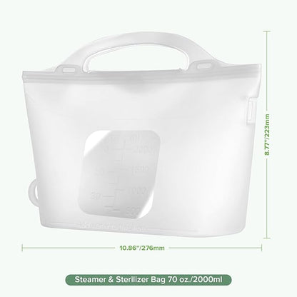 Haakaa Silicone Microwave Steamer & Steriliser Bag, 70oz/2000ml Large Capacity Reusable Steaming Bags for Baby Bottles,Breast Pump,Accessories,Pacifiers,Teethers, Great for Home&On The Go,Frosted /1PC