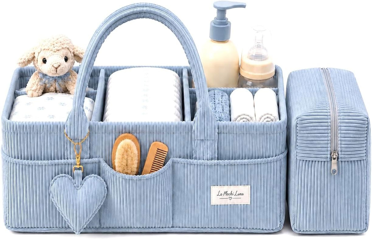 Baby Diaper Caddy Organizer with Matching Zipper Pouch, Soft Corduroy Diaper Storage Basket, Nursery Organizer with Removable Divider, Newborn Essentials, Baby Registry Must Have, Gift for Baby Shower