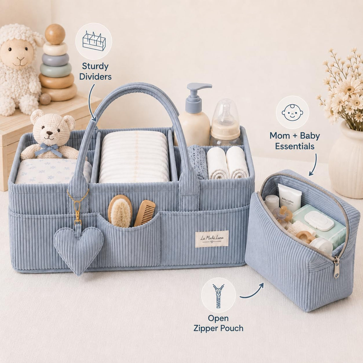 Baby Diaper Caddy Organizer with Matching Zipper Pouch, Soft Corduroy Diaper Storage Basket, Nursery Organizer with Removable Divider, Newborn Essentials, Baby Registry Must Have, Gift for Baby Shower