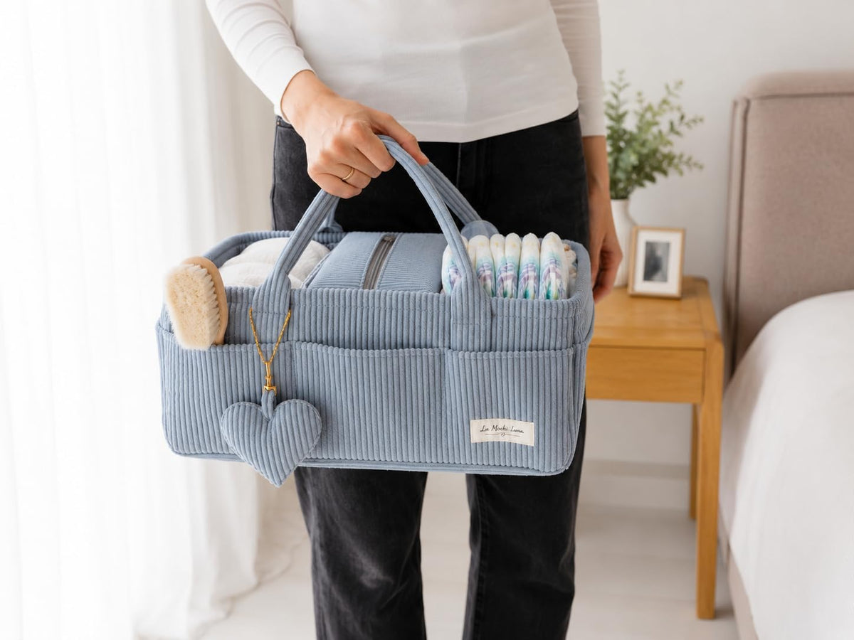 Baby Diaper Caddy Organizer with Matching Zipper Pouch, Soft Corduroy Diaper Storage Basket, Nursery Organizer with Removable Divider, Newborn Essentials, Baby Registry Must Have, Gift for Baby Shower