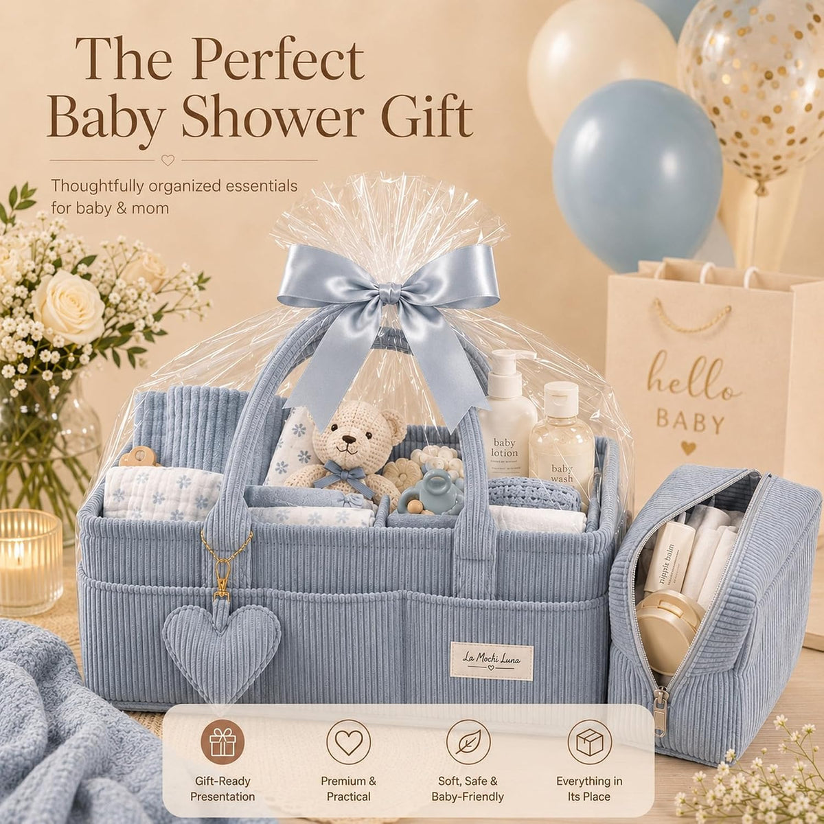Baby Diaper Caddy Organizer with Matching Zipper Pouch, Soft Corduroy Diaper Storage Basket, Nursery Organizer with Removable Divider, Newborn Essentials, Baby Registry Must Have, Gift for Baby Shower