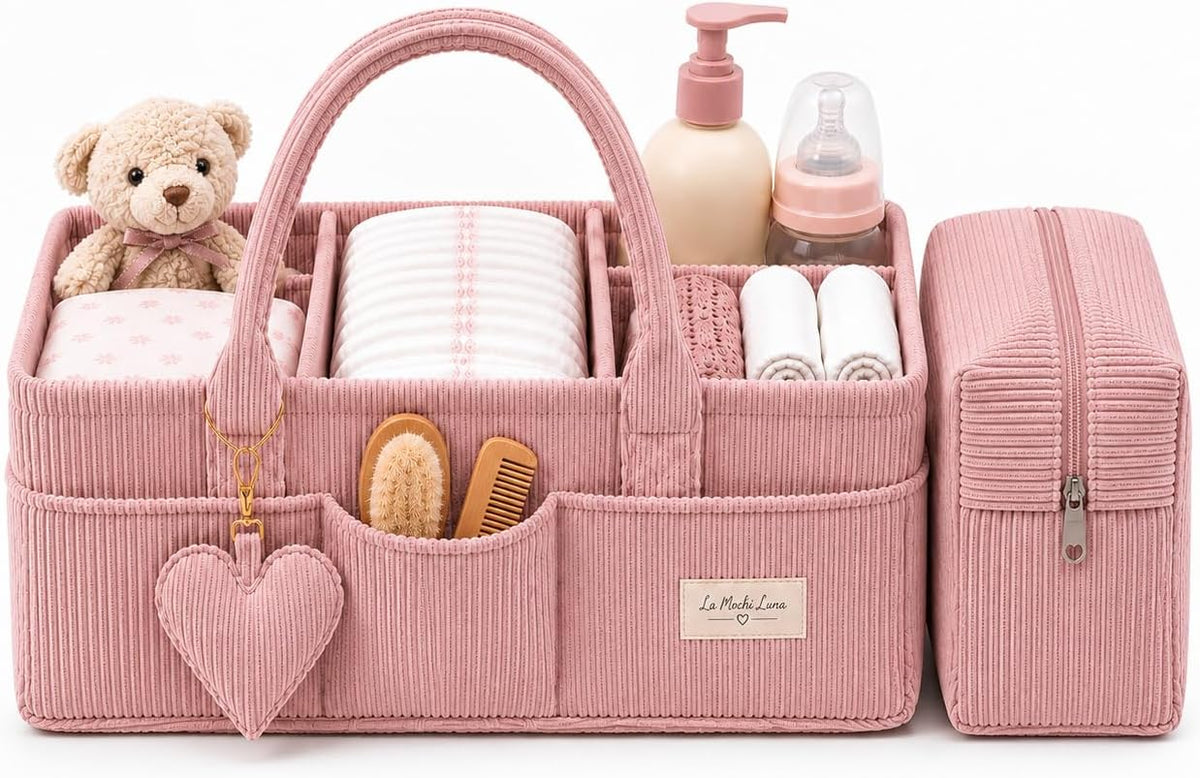 Baby Diaper Caddy Organizer with Matching Zipper Pouch, Soft Corduroy Diaper Storage Basket, Nursery Organizer with Removable Divider, Newborn Essentials, Baby Registry Must Have, Gift for Baby Shower