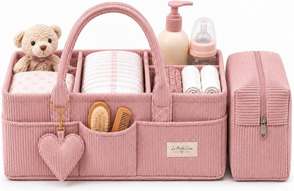 Baby Diaper Caddy Organizer with Matching Zipper Pouch, Soft Corduroy Diaper Storage Basket, Nursery Organizer with Removable Divider, Newborn Essentials, Baby Registry Must Have, Gift for Baby Shower