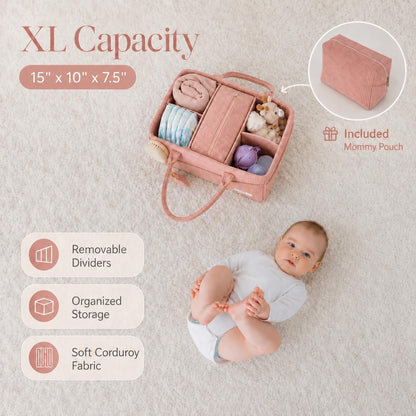 Baby Diaper Caddy Organizer with Matching Zipper Pouch, Soft Corduroy Diaper Storage Basket, Nursery Organizer with Removable Divider, Newborn Essentials, Baby Registry Must Have, Gift for Baby Shower