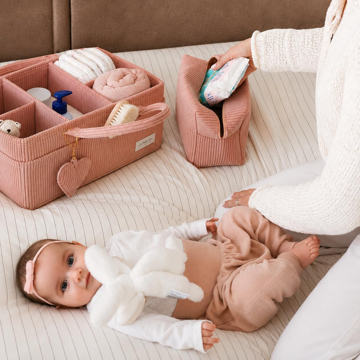 Baby Diaper Caddy Organizer with Matching Zipper Pouch, Soft Corduroy Diaper Storage Basket, Nursery Organizer with Removable Divider, Newborn Essentials, Baby Registry Must Have, Gift for Baby Shower
