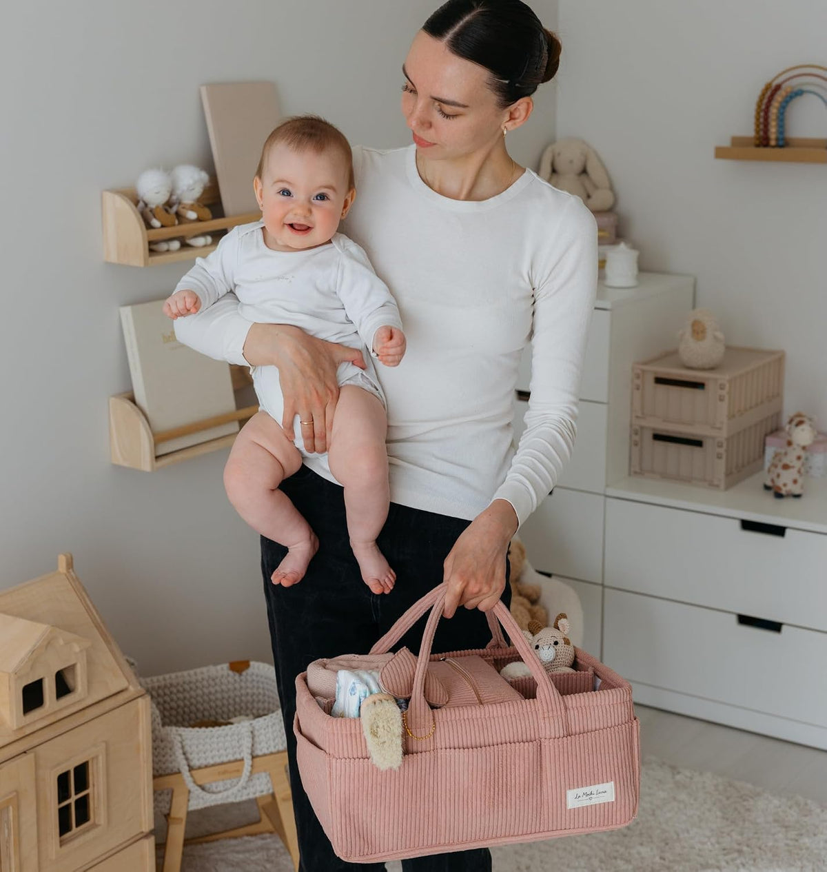 Baby Diaper Caddy Organizer with Matching Zipper Pouch, Soft Corduroy Diaper Storage Basket, Nursery Organizer with Removable Divider, Newborn Essentials, Baby Registry Must Have, Gift for Baby Shower