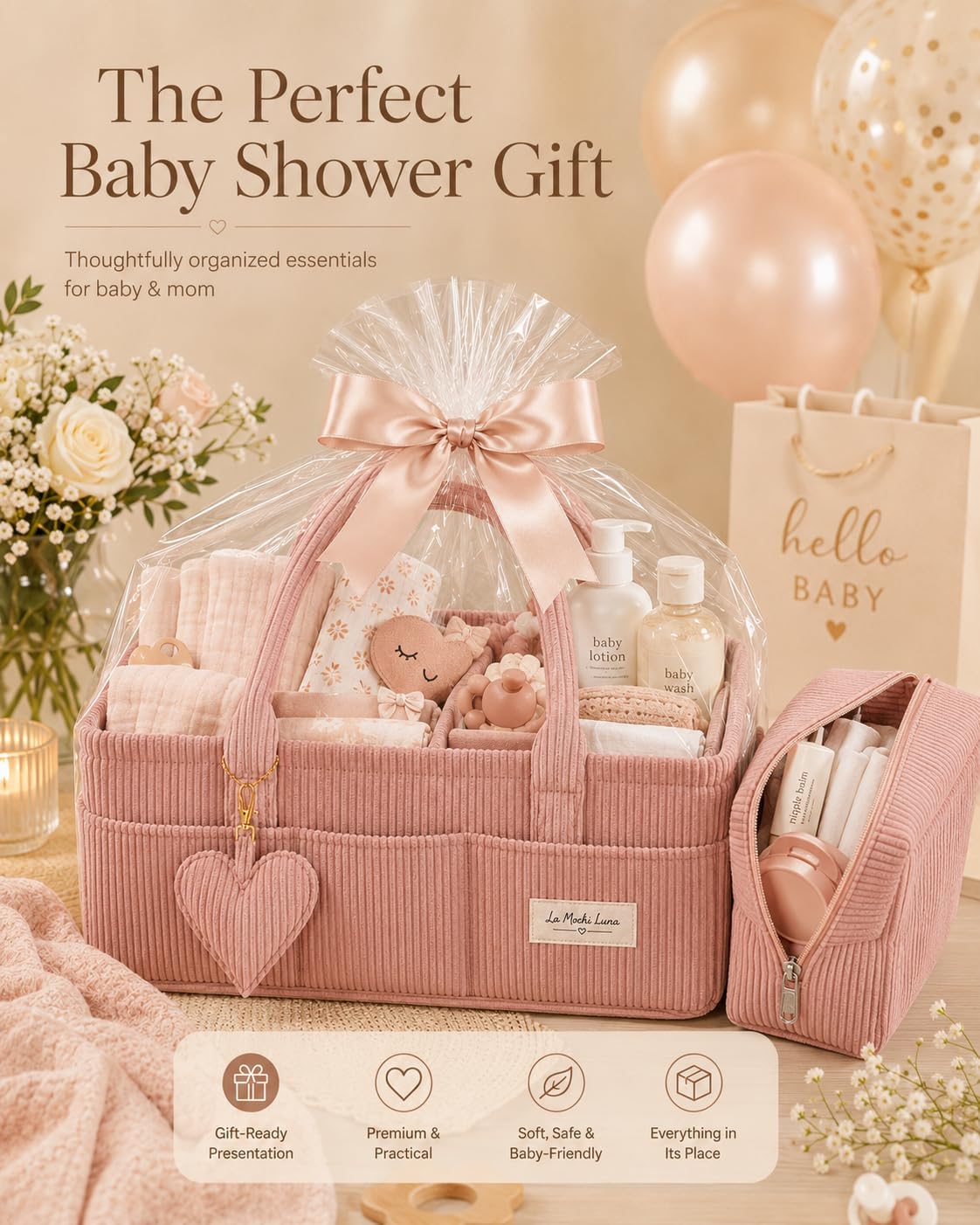 Baby Diaper Caddy Organizer with Matching Zipper Pouch, Soft Corduroy Diaper Storage Basket, Nursery Organizer with Removable Divider, Newborn Essentials, Baby Registry Must Have, Gift for Baby Shower