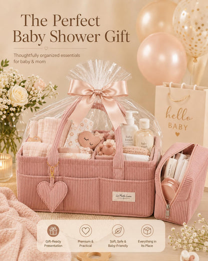Baby Diaper Caddy Organizer with Matching Zipper Pouch, Soft Corduroy Diaper Storage Basket, Nursery Organizer with Removable Divider, Newborn Essentials, Baby Registry Must Have, Gift for Baby Shower